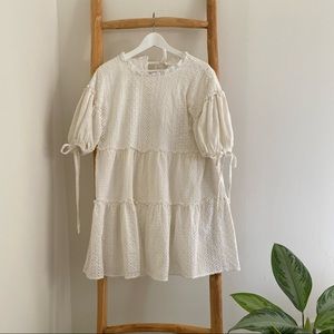 White eyelet lace short puff sleeve babydoll mini dress